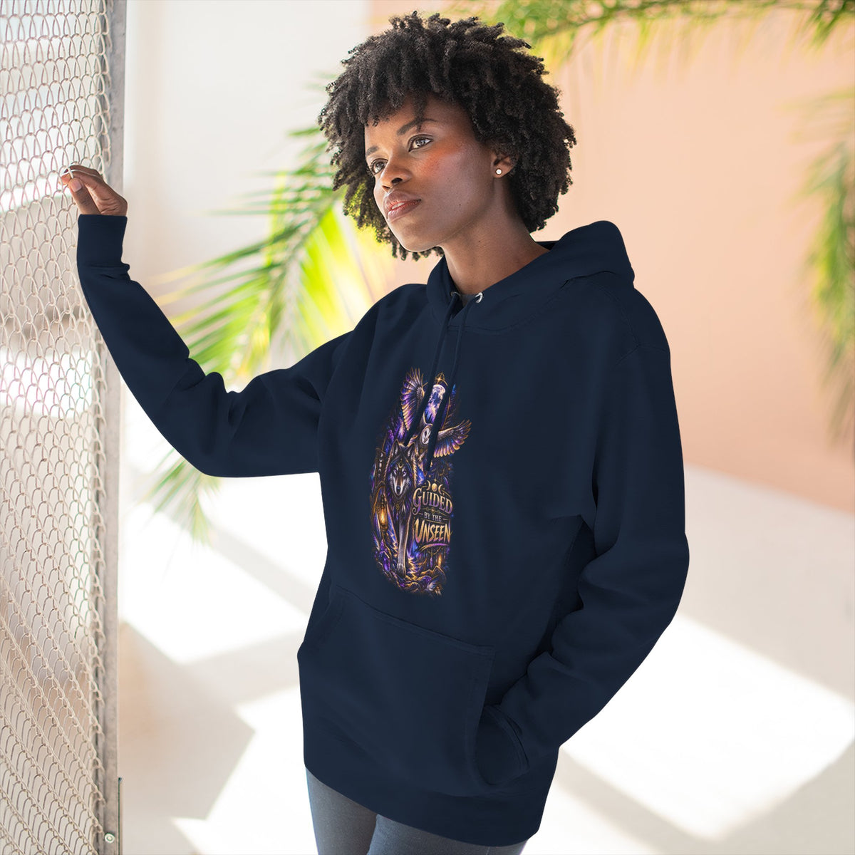 Witchy Owl and Wolf Fleece Hoodie - Mystical Night Forest Graphic- Guided by the Unseen