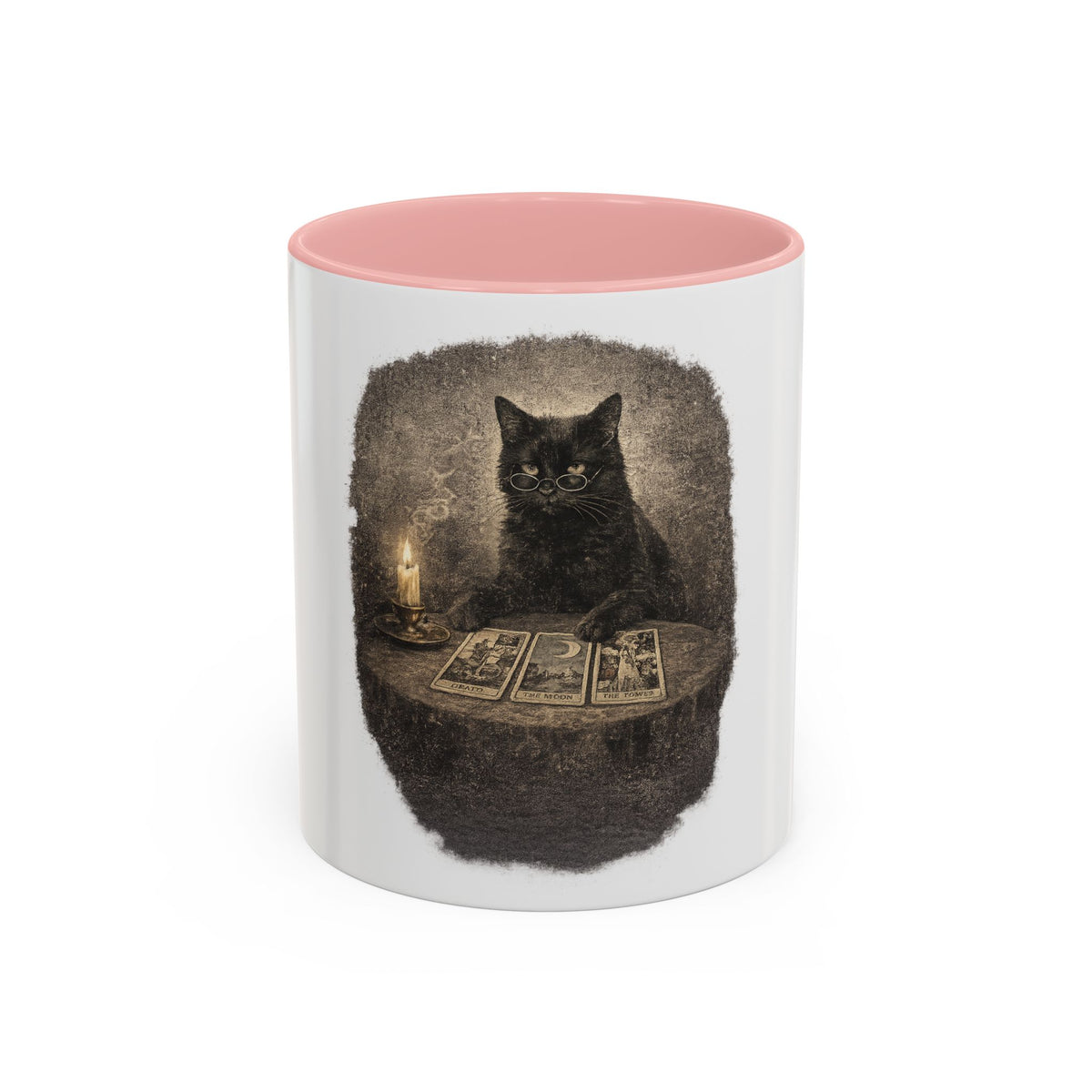 Tarot Cat Accent Coffee Mug — Witchy Black Cat with Tarot Cards