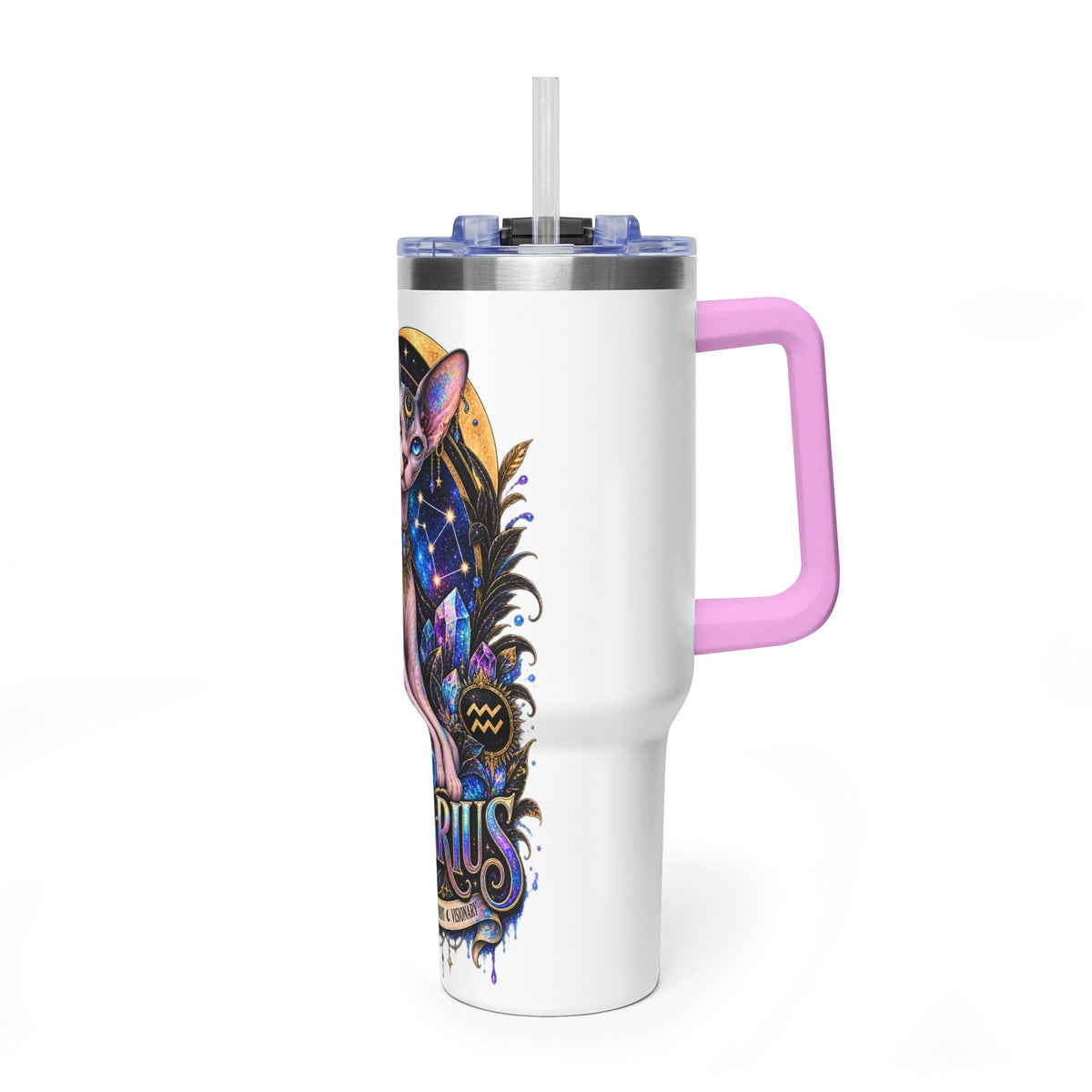 40oz Aquarius Zodiac Tumbler — Sphynx Cat Astrology Vacuum Thermal Cup