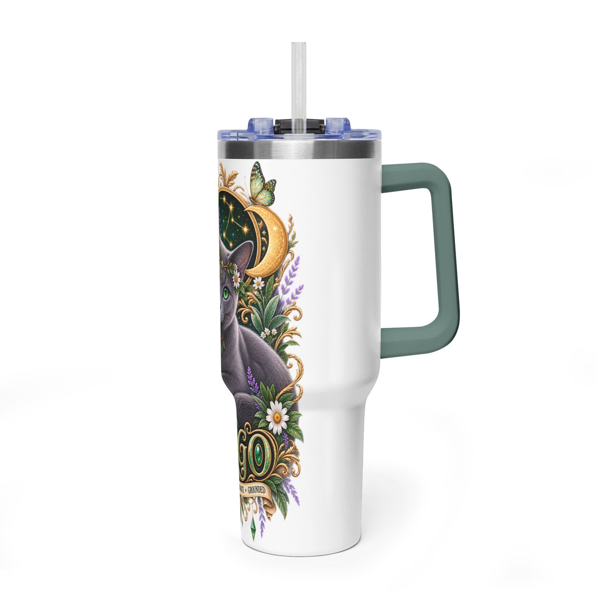 Virgo Cat 40oz Thermal Tumbler — Russian Blue Zodiac Astrology Travel Mug