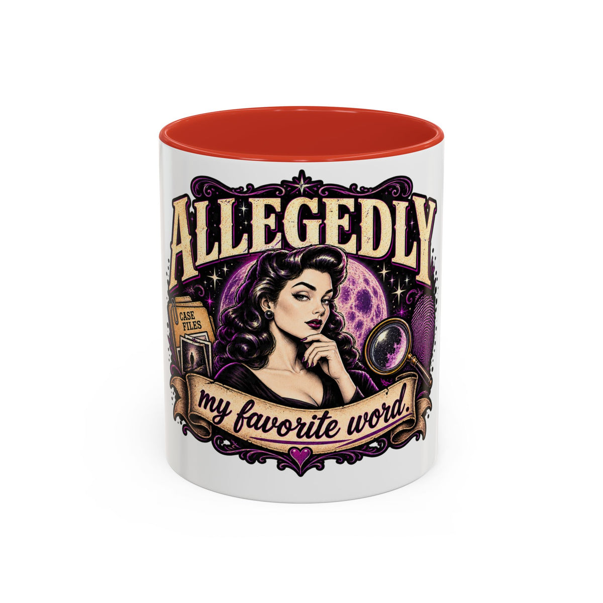 Allegedly Coffee Mug — Retro Pinup Mystery Design