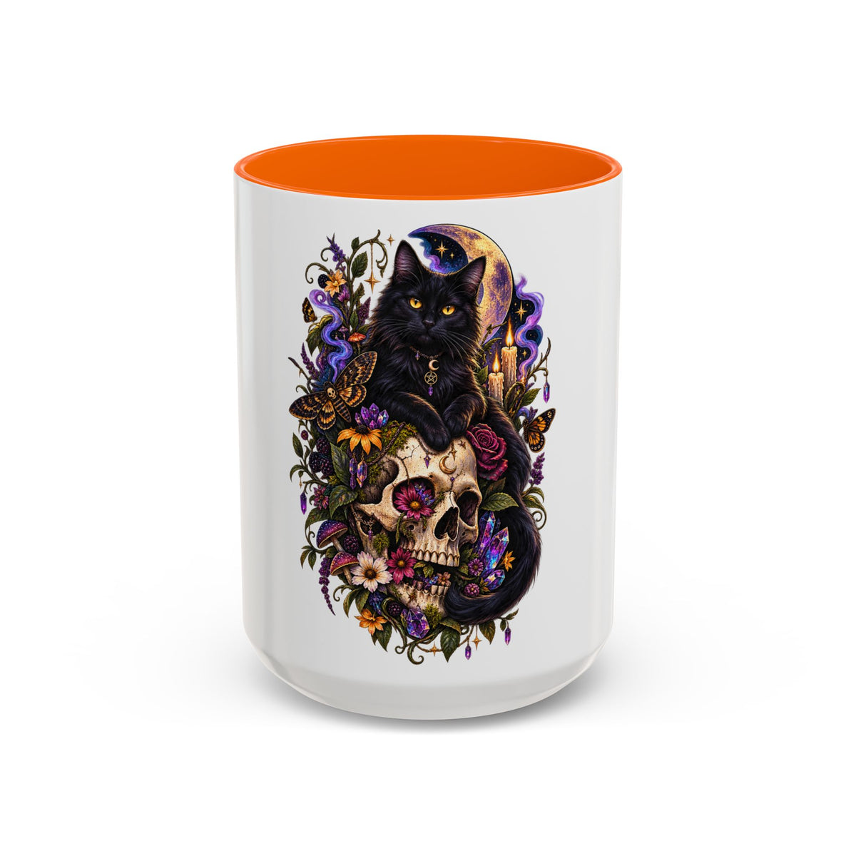 Black Cat & Skull Floral Accent Coffee Mug — Gothic Halloween Coffee Cup (11/15oz)