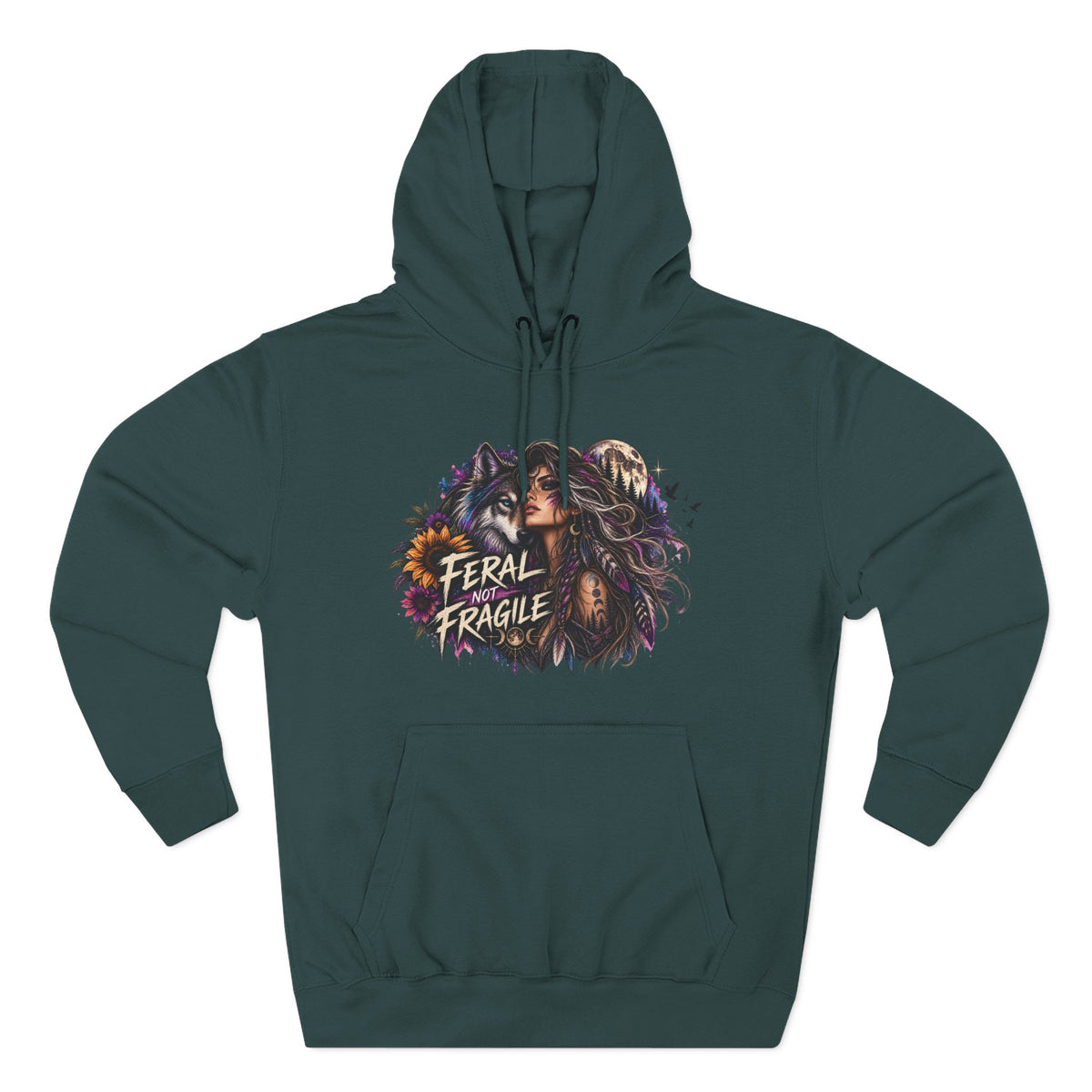 Feral Not Fragile Wolf & Woman Graphic Hoodie — Wildlife Fleece Pullover