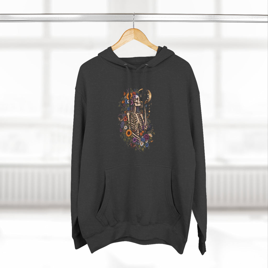 Skeleton Moon Floral Hoodie – Gothic Botanical Graphic Pullover