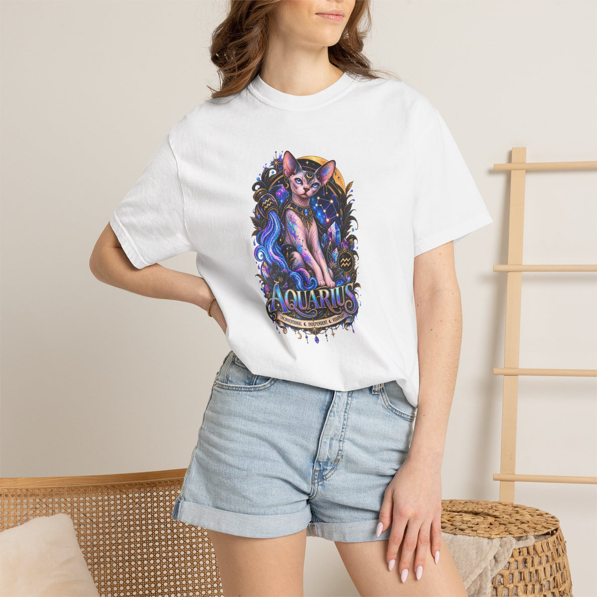 Aquarius Sphynx Cat Zodiac Tee- Celestial Astrology cat lover T-shirt