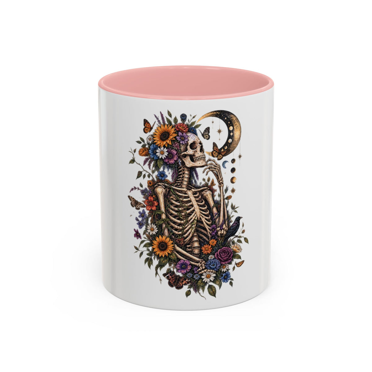 Skull & Moon Floral Coffee Mug — Gothic Botanical Accent Mug