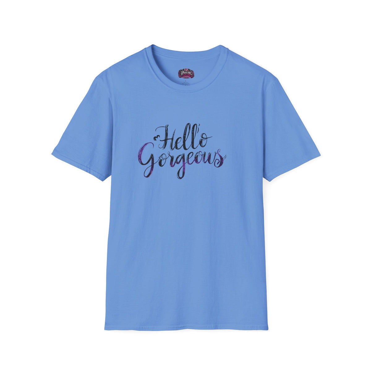 T-Shirt — "Hello Gorgeous" Purple Black Script Graphic Tee