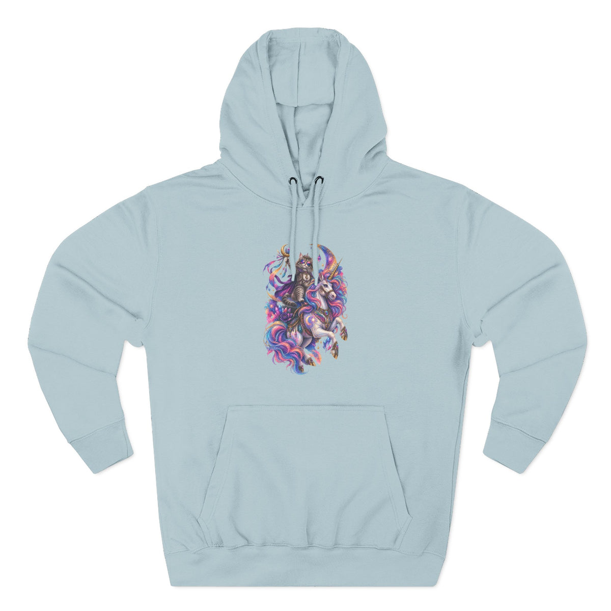 Colorful Cosmic Cat Riding a Unicorn — Vibrant Nebula Graphic Pullover
