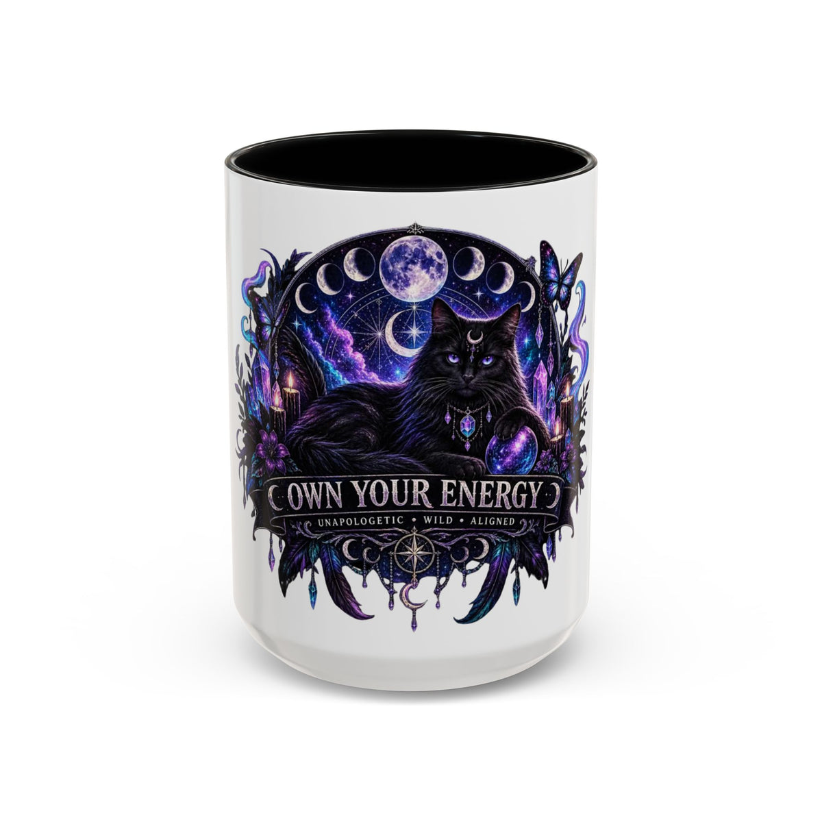 Own Your Energy Black Cat Coffee Mug – Spiritual Moon Phase Tea Cup