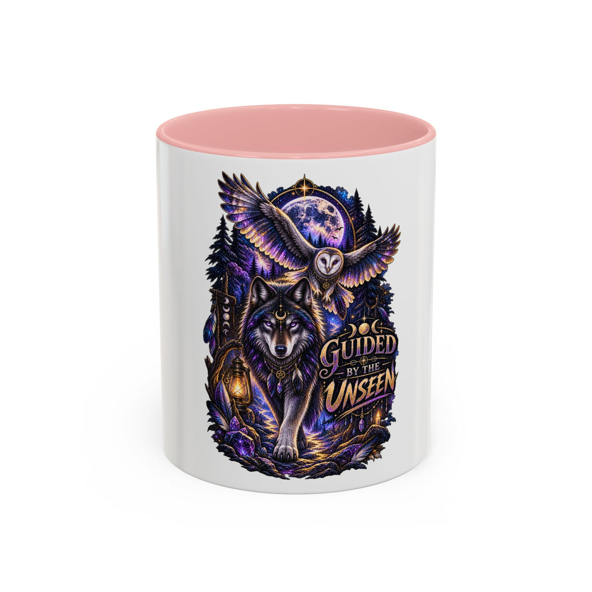 Guided by the Unseen Coffee Mug — Wolf & Owl Spirit Animal Accent Mug (11/15oz)