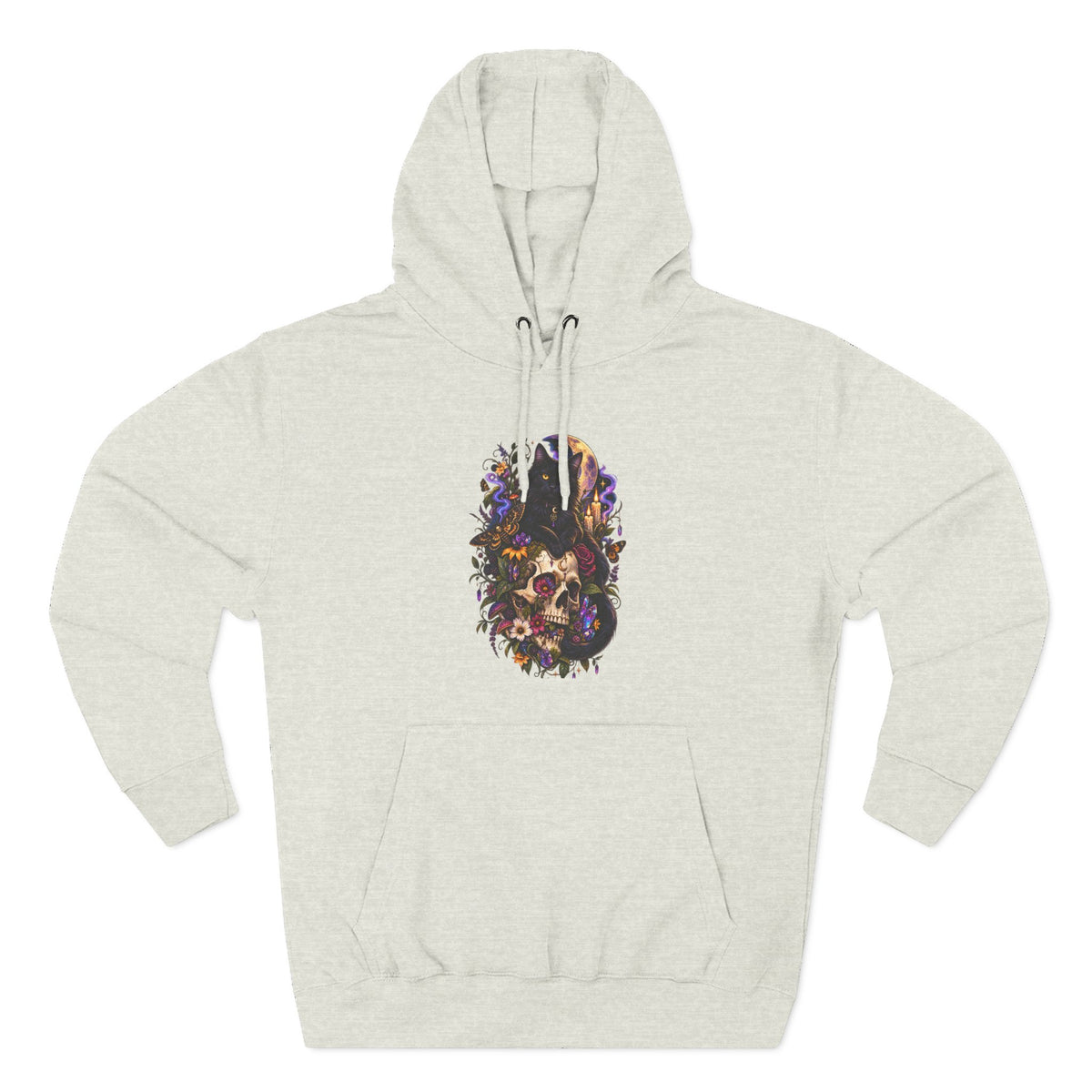 Skull Black Cat Hoodie — Romantic Gothic Floral Skull Graphic Fleece Pullover
