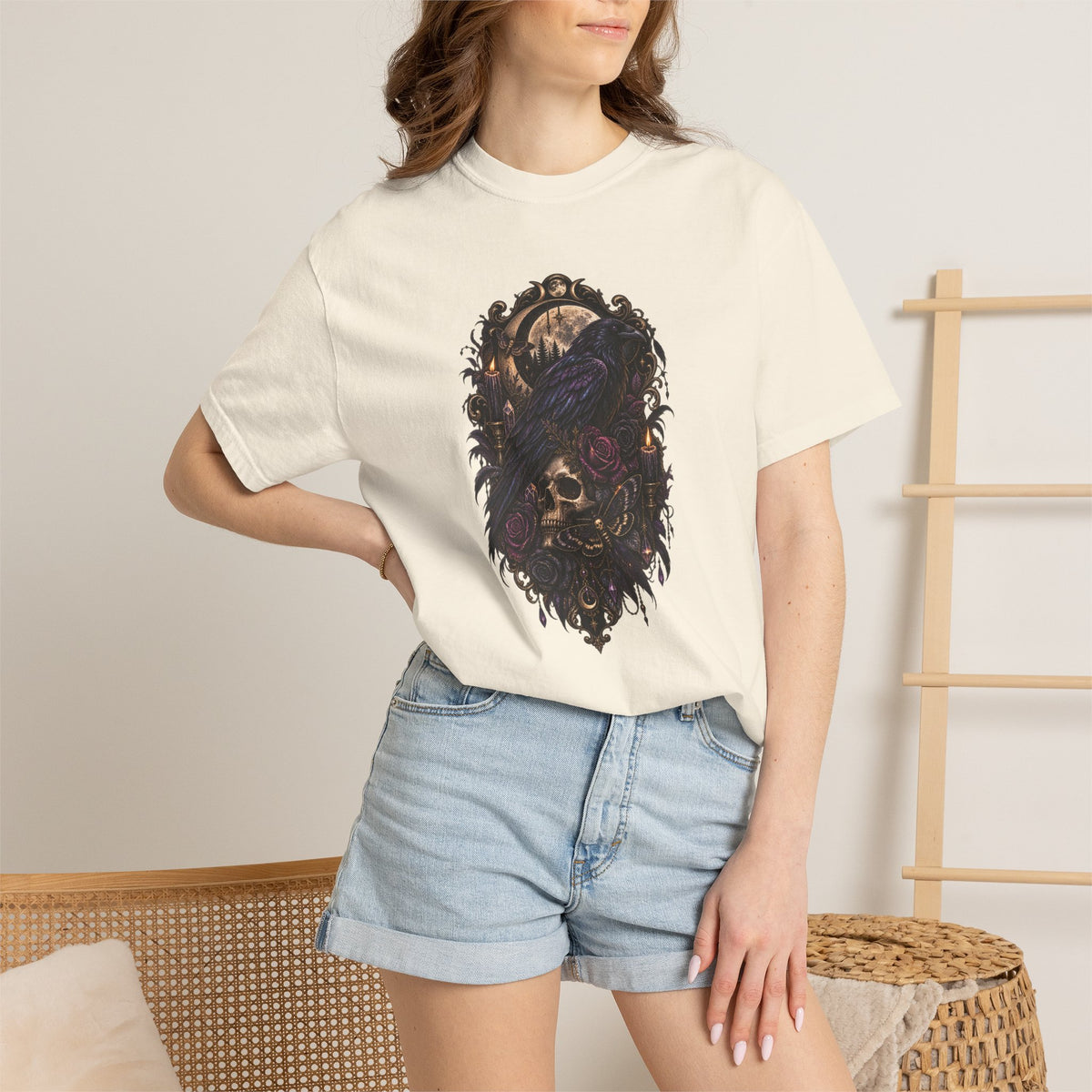 Skull & Crow Graphic Tee — Gothic Vintage Skull with Raven Design