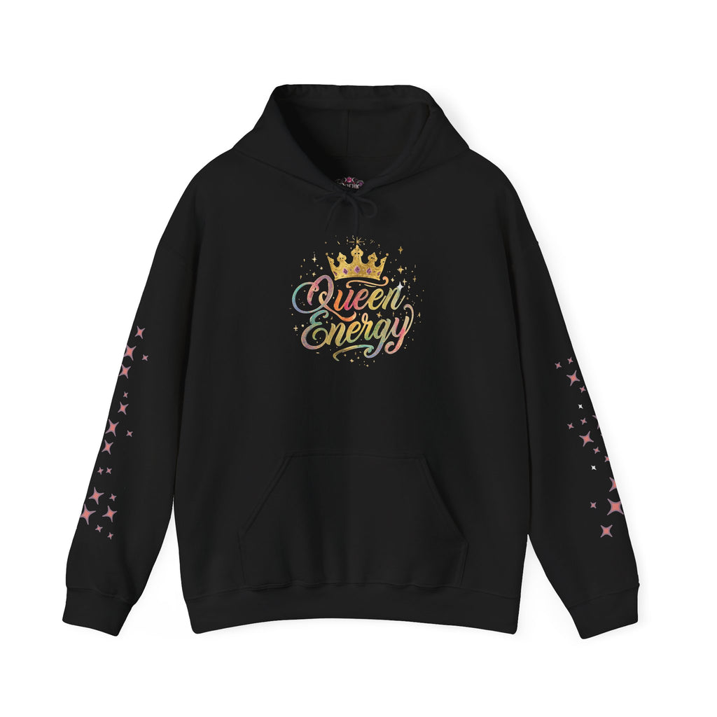 Queen Energy Hoodie — Feminine Crown Graphic Pullover with Star Sleeve Accents