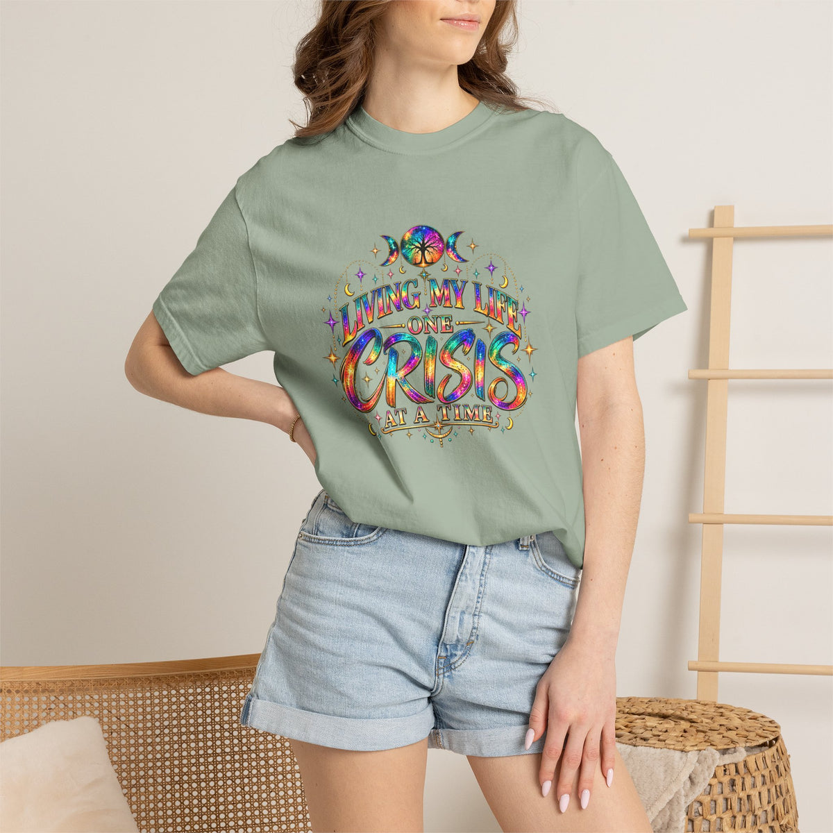 Graphic T-Shirt — "Living My Life One Crisis at a Time" Colorful Retro Tee
