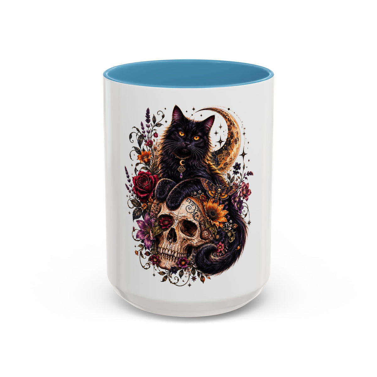 Cat & Skull Accent Coffee Mug — Gothic Black Cat Art Coffee Cup (11/15oz)
