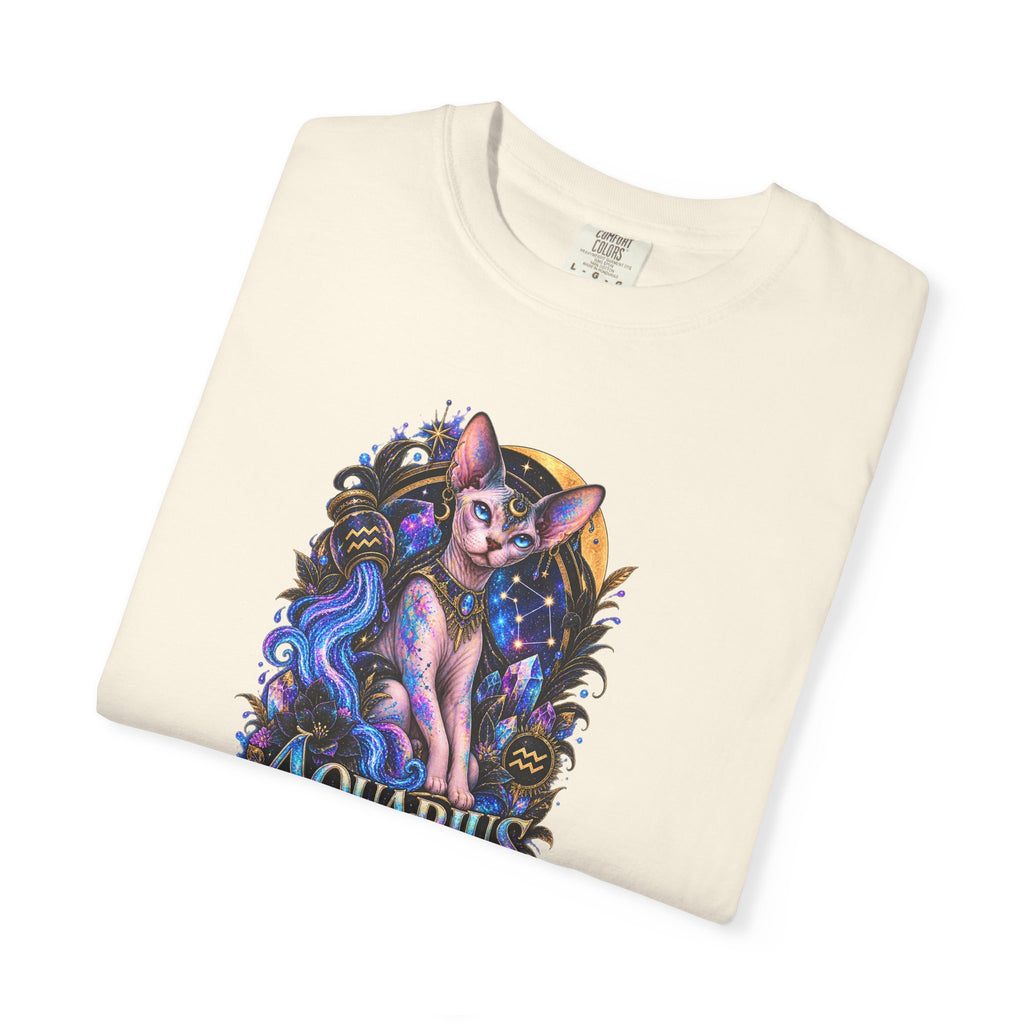 Aquarius Sphynx Cat Zodiac Tee- Celestial Astrology cat lover T-shirt