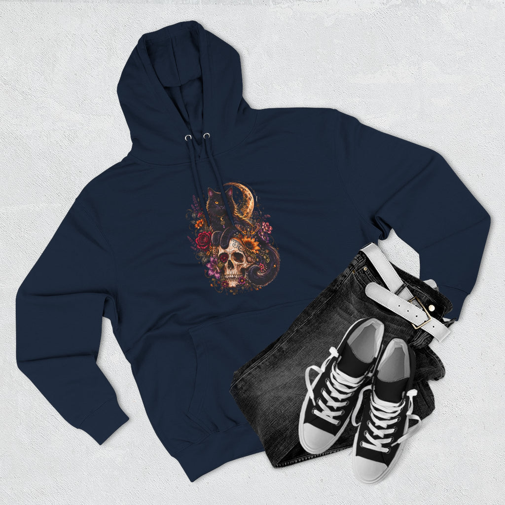 Skull & Cat Hoodie — Romantic Gothic Celestial Moon Graphic Fleece Pullover