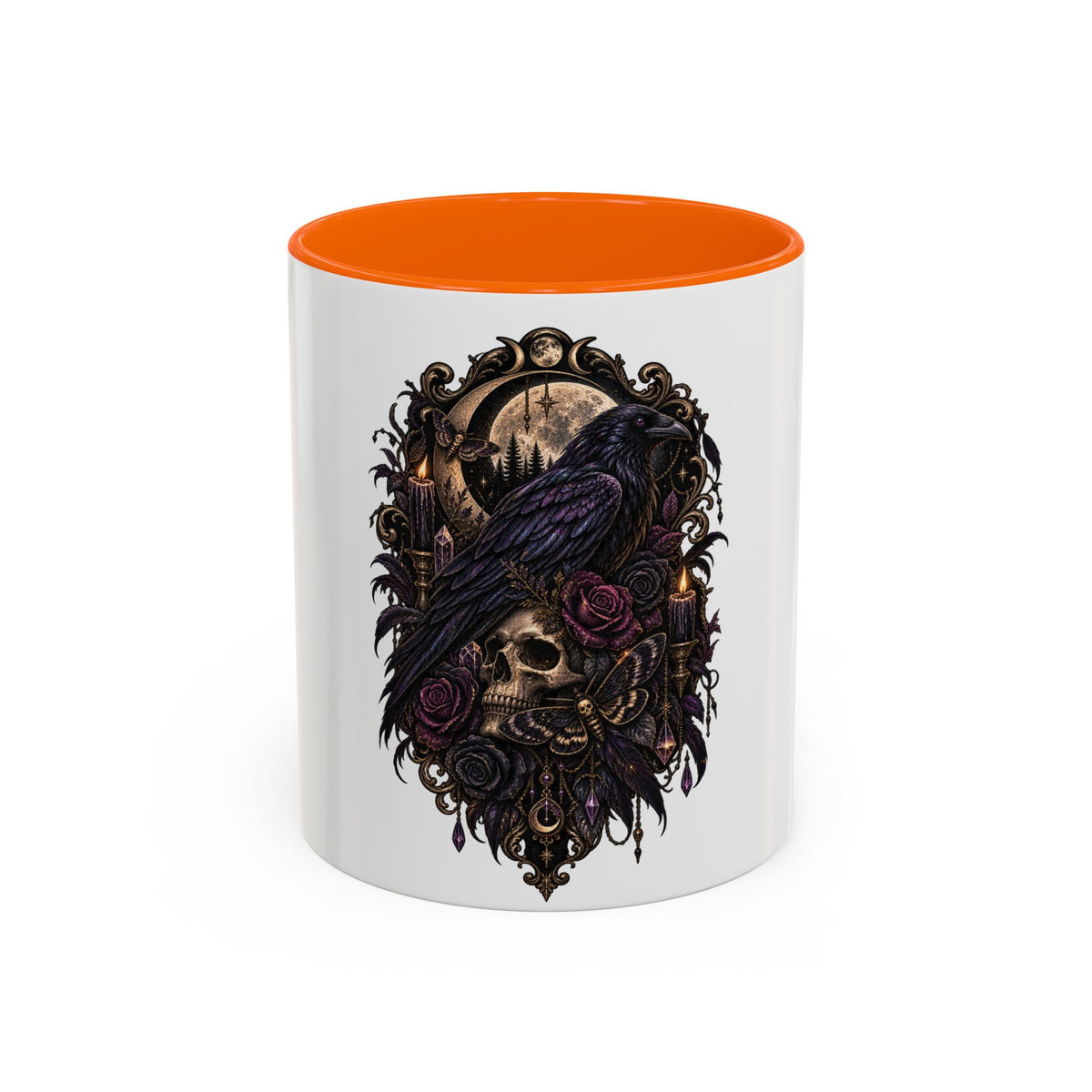 Gothic Raven & Skull Accent Coffee Mug — Dark Floral Occult Tea Cup