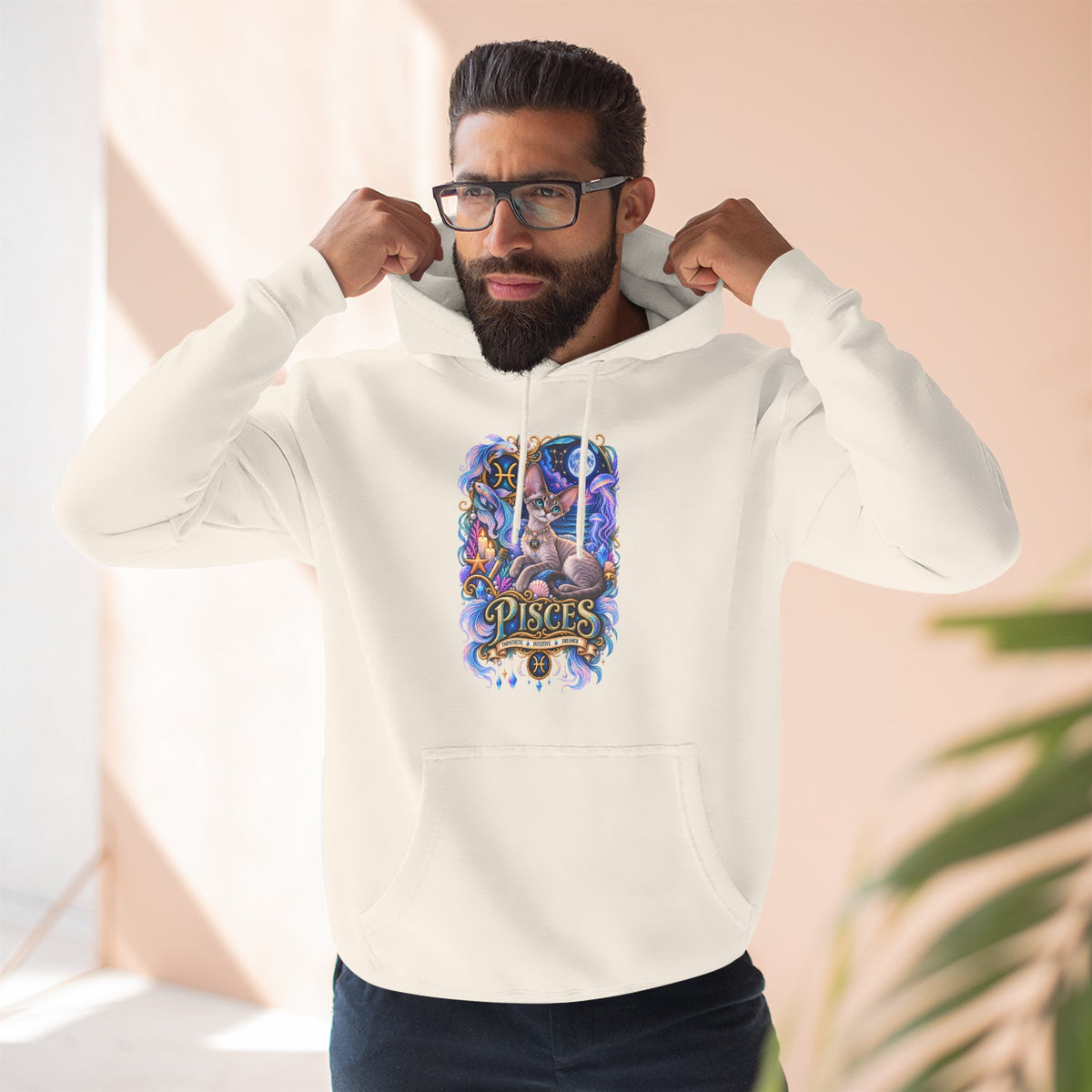 Pisces Zodiac Devon Rex Cat Hoodie — Mystical Watercolor Fish Astrology Pullover