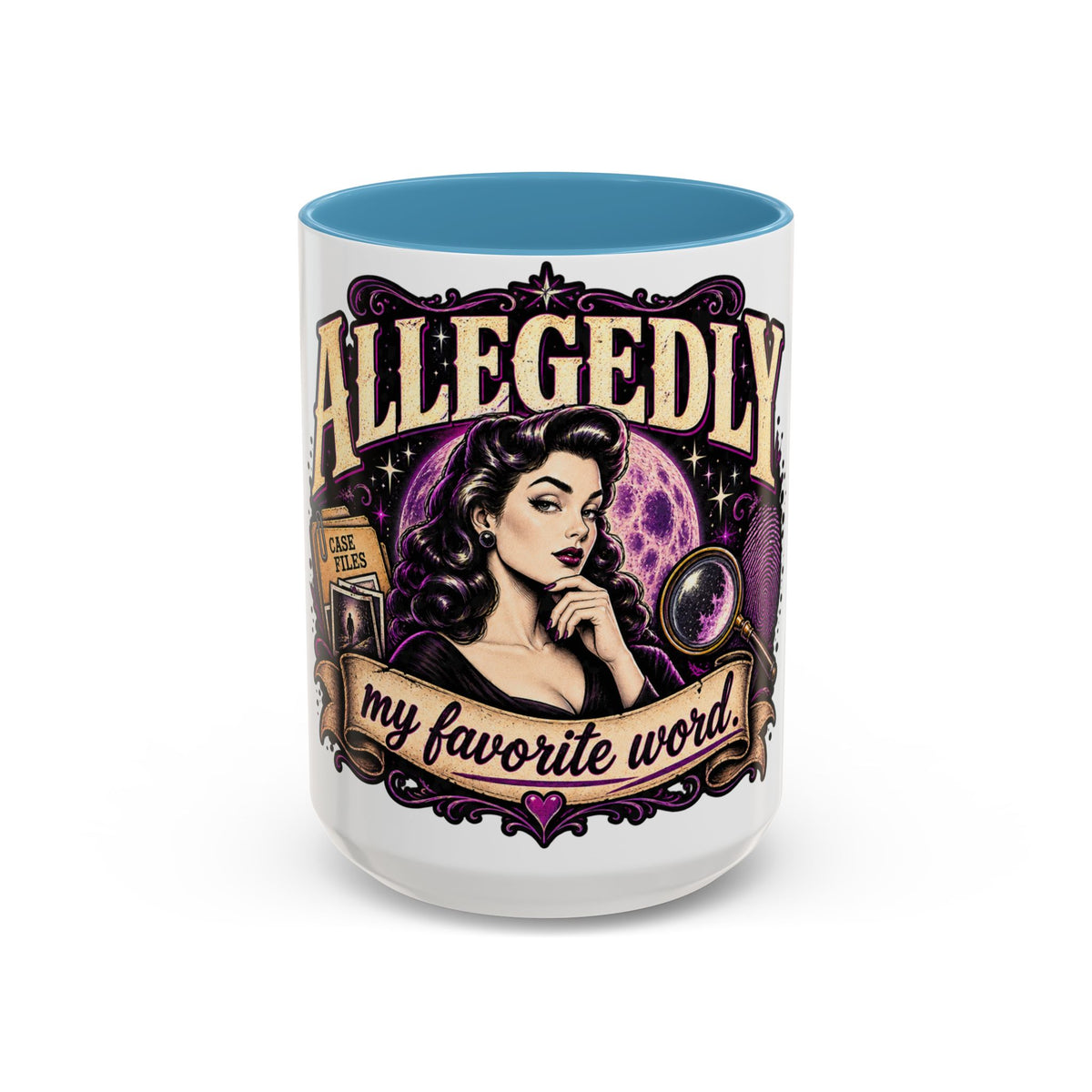 Allegedly Coffee Mug — Retro Pinup Mystery Design