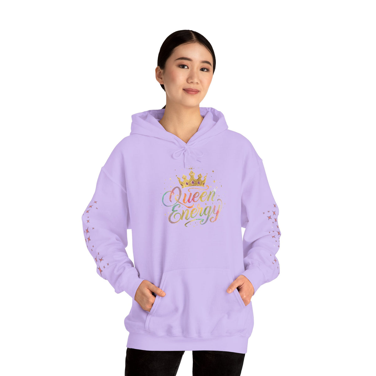 Queen Energy Hoodie — Feminine Crown Graphic Pullover with Star Sleeve Accents