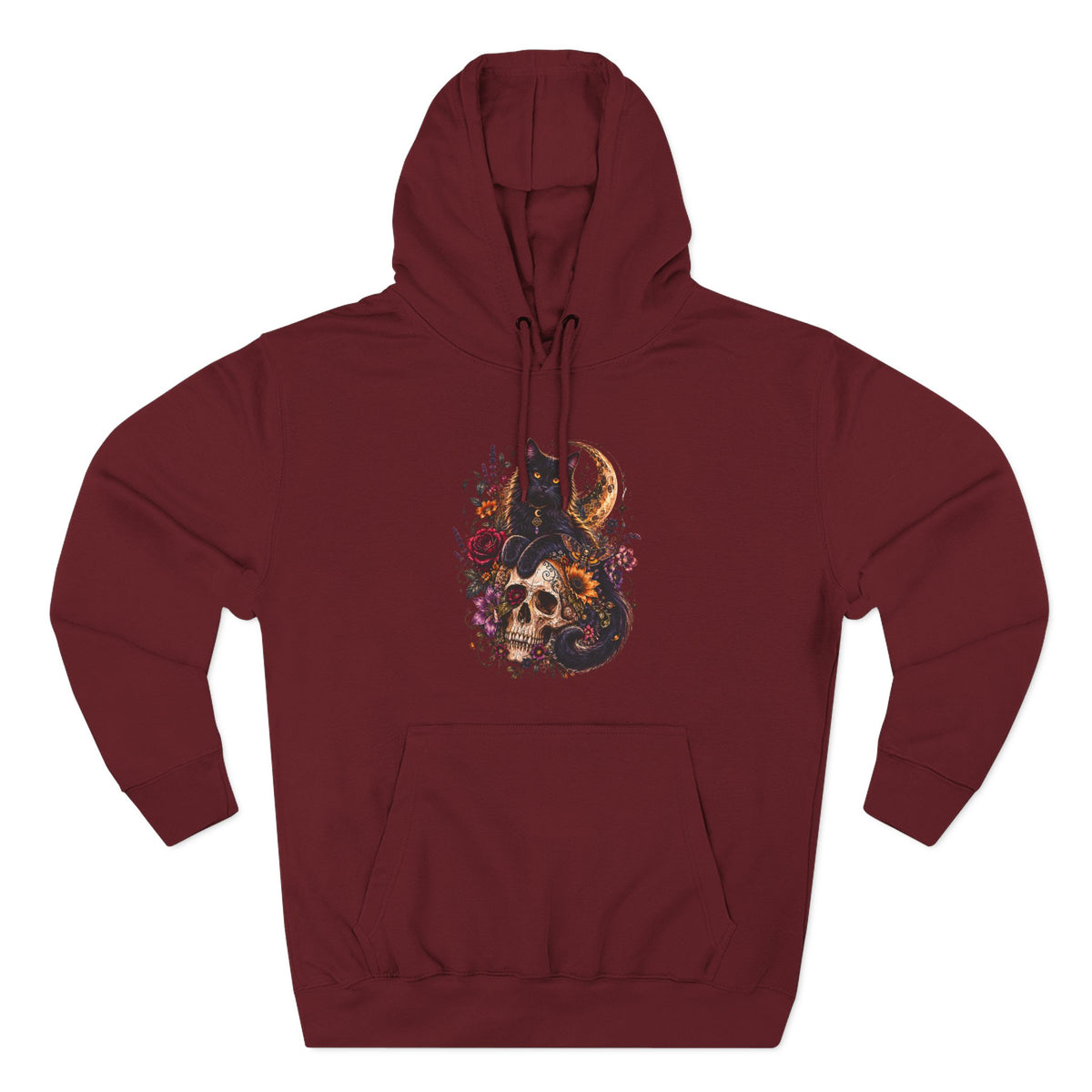 Skull & Cat Hoodie — Romantic Gothic Celestial Moon Graphic Fleece Pullover