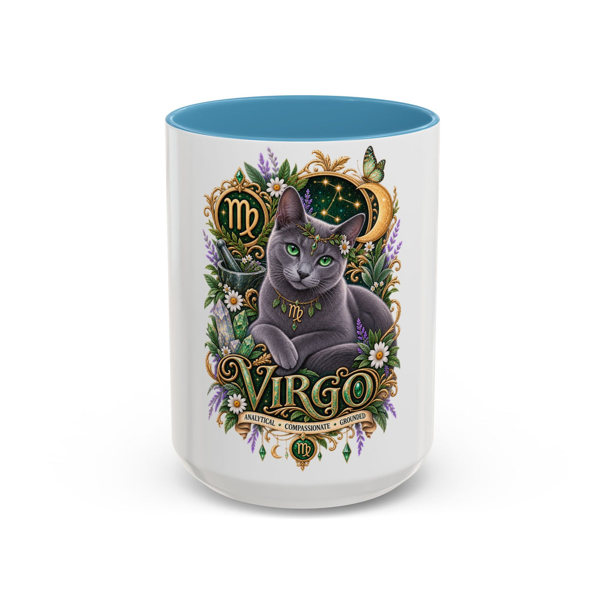 Virgo Russian Blue Cat Accent Coffee Mug — Zodiac Astrology Horoscope Gift (11/15 oz)