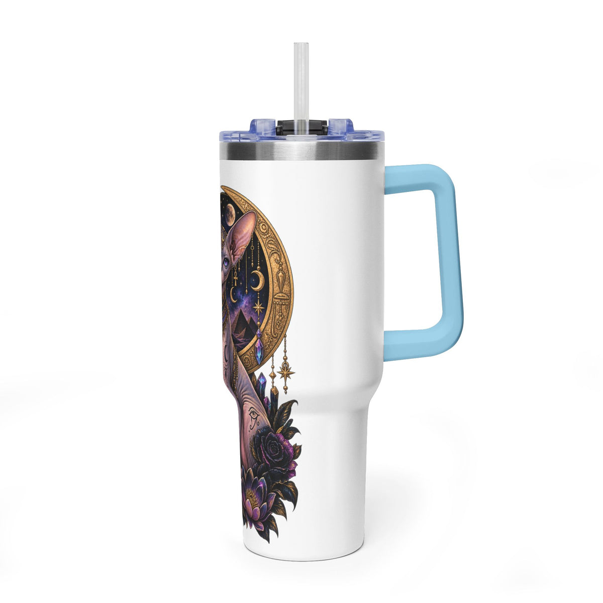 40oz Sphynx Cat Tumbler — Mystical Moon Vacuum Insulated Travel Mug