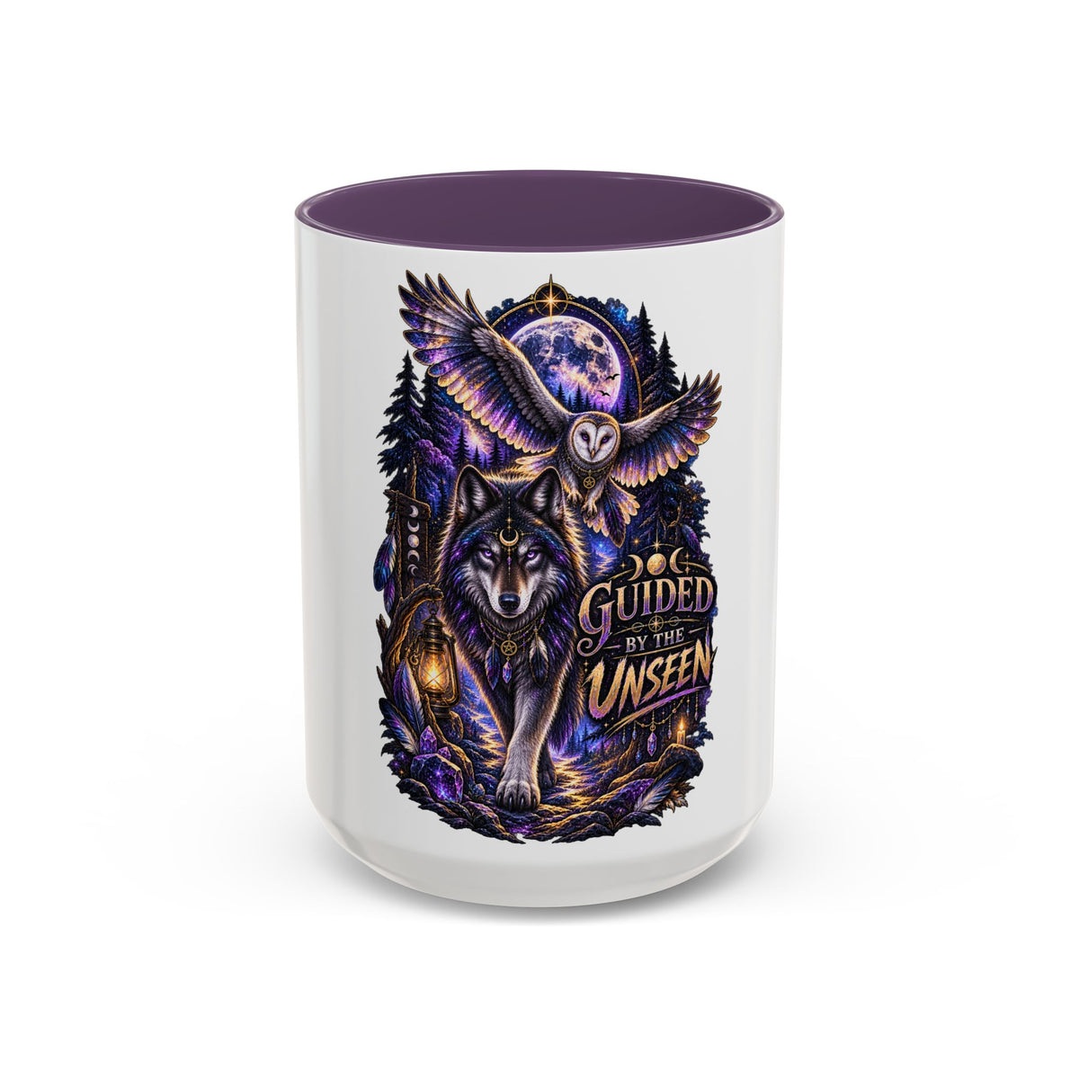 Guided by the Unseen Coffee Mug — Wolf & Owl Spirit Animal Accent Mug (11/15oz)