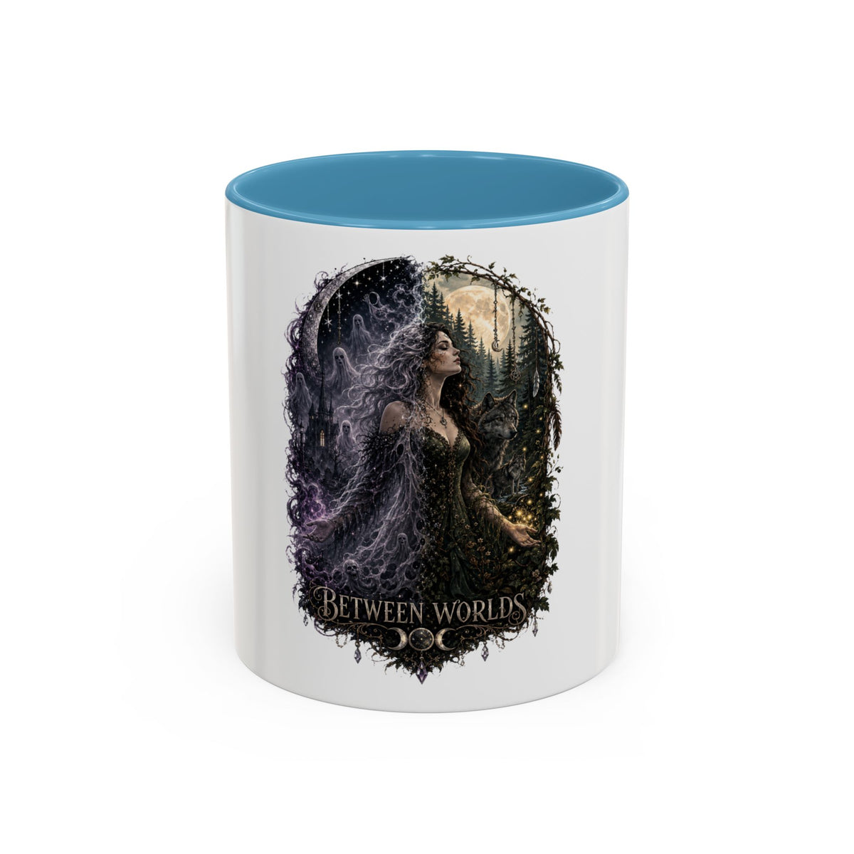 Between Worlds Accent Coffee Mug — Gothic Fantasy Witch Illustration (11/15oz)
