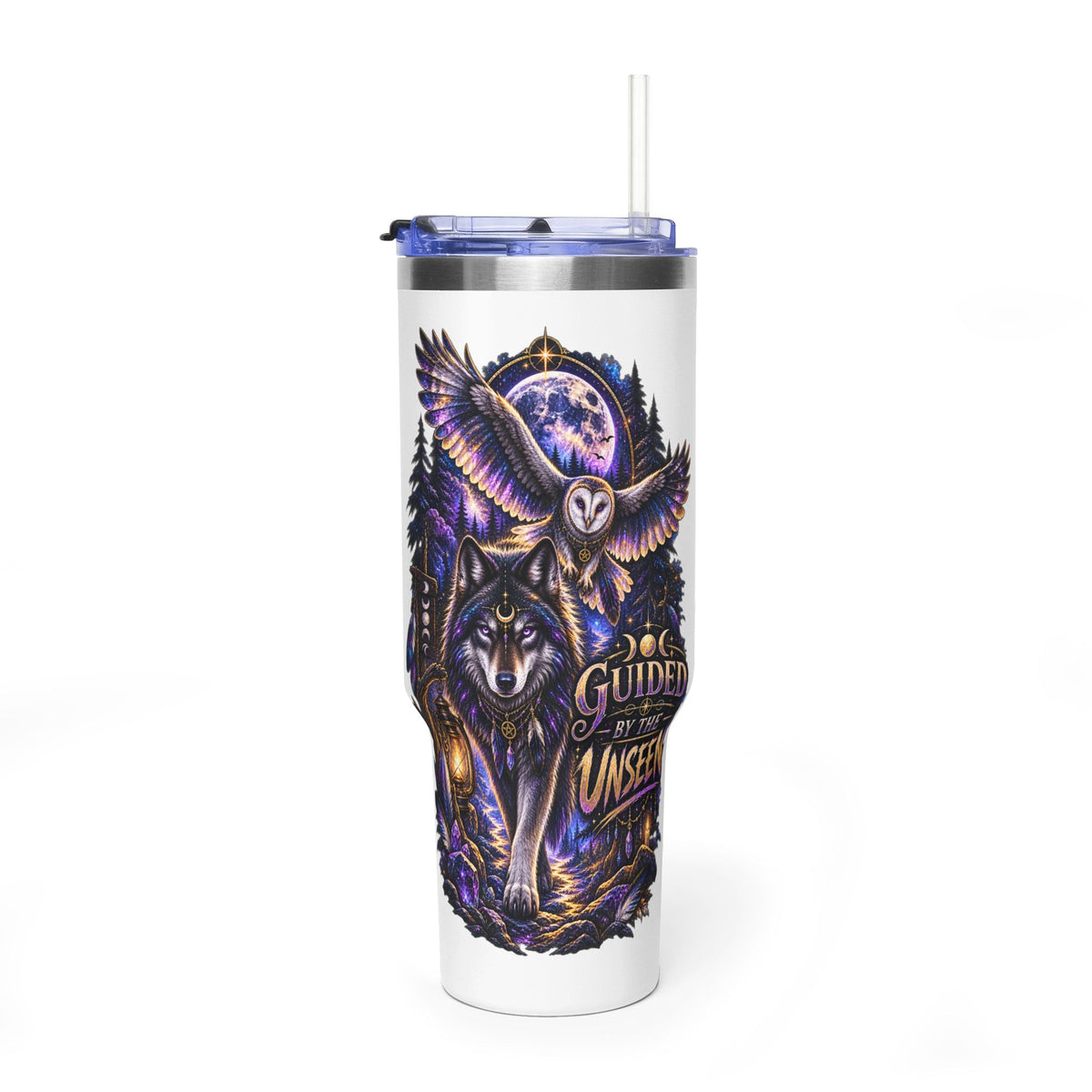40oz Vacuum Tumbler — Wolf & Owl Spiritual Guide Stainless Travel Mug