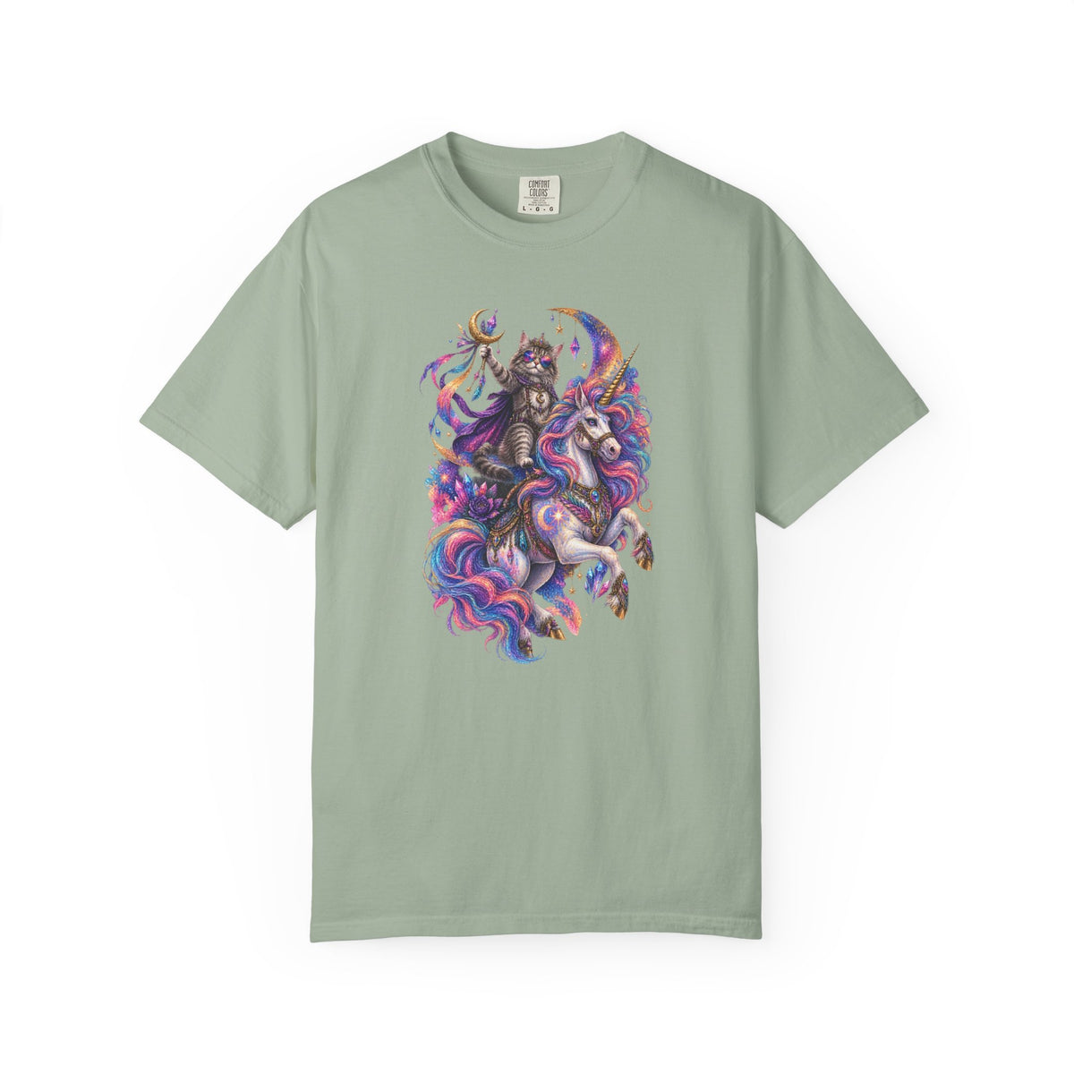 Cat Riding a Mystical Unicorn Horse Graphic T-Shirt — Colorful Cosmic Mane Art Tee