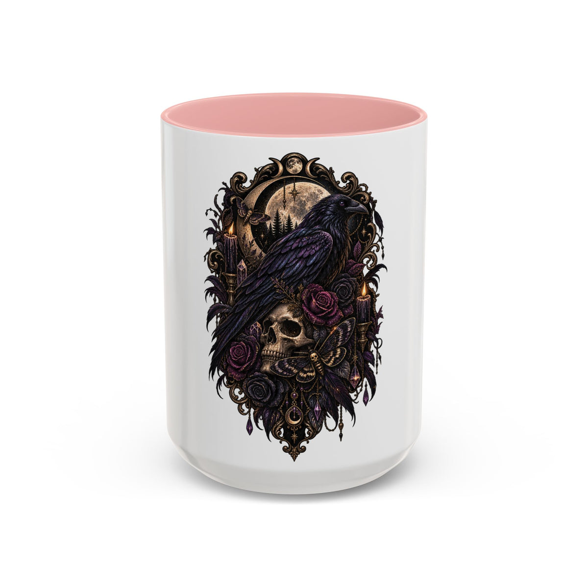 Gothic Raven & Skull Accent Coffee Mug — Dark Floral Occult Tea Cup
