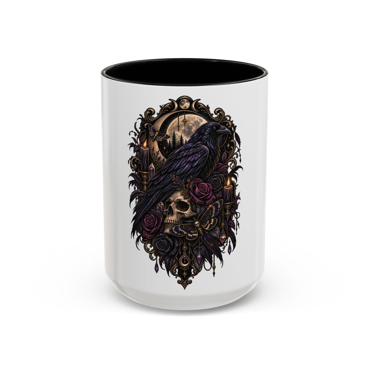 Gothic Raven & Skull Accent Coffee Mug — Dark Floral Occult Tea Cup
