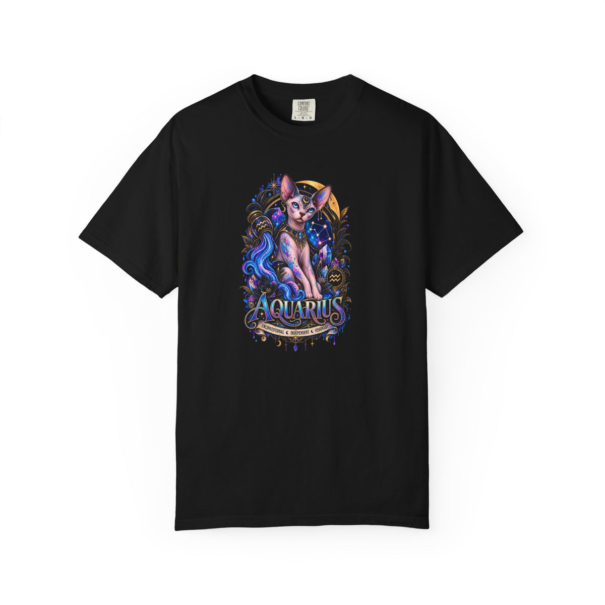 Aquarius Sphynx Cat Zodiac Tee- Celestial Astrology cat lover T-shirt