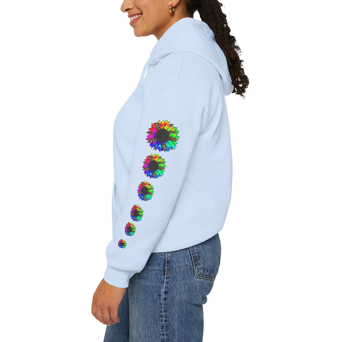 Inspirational Floral Hoodie – "Your Smile is Kind & Beautiful" Rainbow Sunflower Cozy Pullover