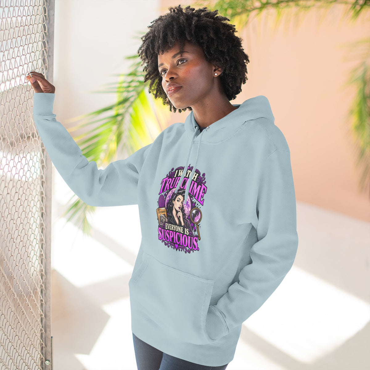 True Crime Hoodie — “Everyone Is Suspicious” Graphic Pullover
