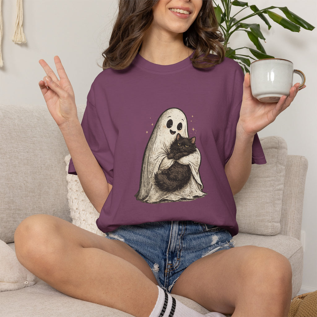Boo & Meow Ghost Hugging Black Cat T-Shirt | Cute Spooky Tee
