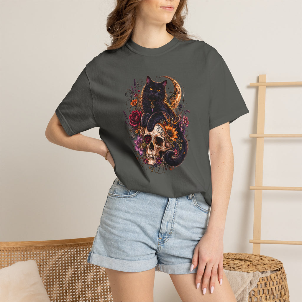 Cat & Skull Gothic T-Shirt — Black Cat Moon Floral Graphic Tee