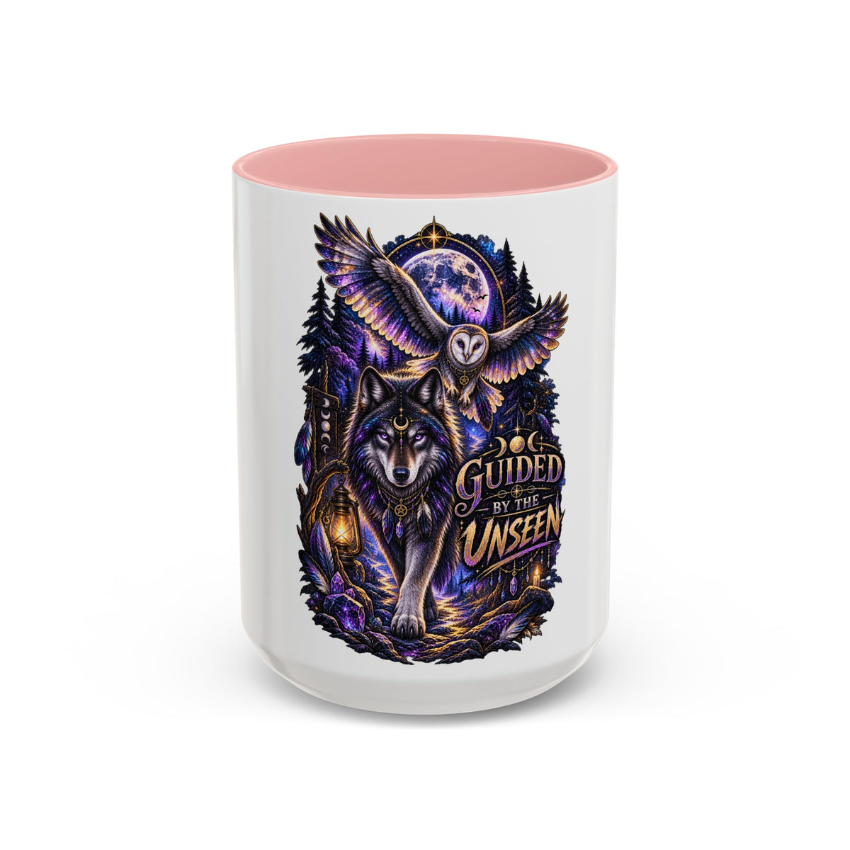 Guided by the Unseen Coffee Mug — Wolf & Owl Spirit Animal Accent Mug (11/15oz)