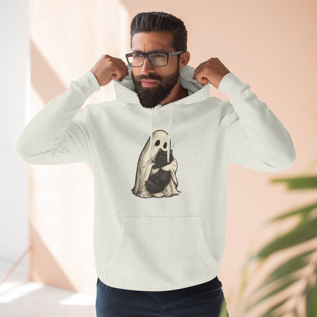 Ghost Hugging Black Cat Fleece Hoodie — Cute Ghost Hugging Black Cat Cozy Pullover