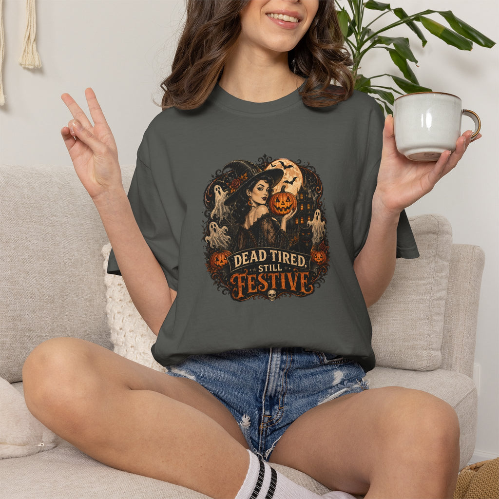 Halloween Graphic T-Shirt — "Dead Tired but Festive" Vintage Horror Pumpkin Tee