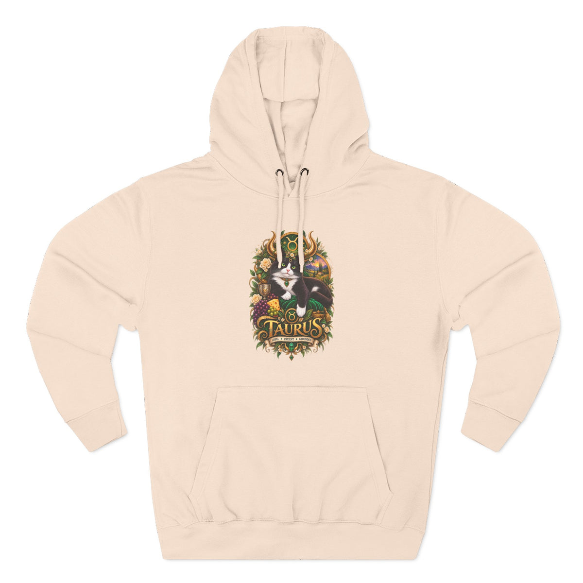 Taurus Tuxedo Cat Zodiac Hoodie — Earthy Bull Constellation Graphic Fleece Pullover