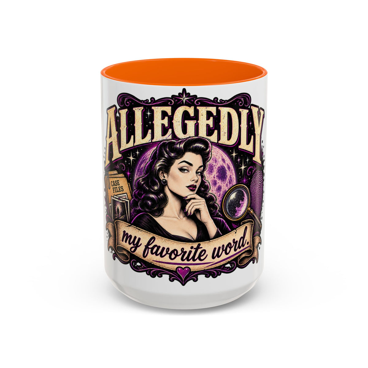 Allegedly Coffee Mug — Retro Pinup Mystery Design