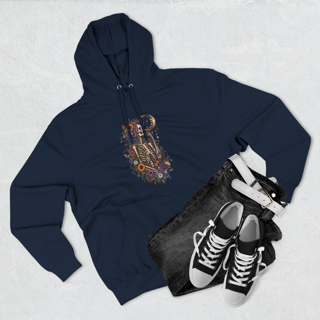 Skeleton Moon Floral Hoodie – Gothic Botanical Graphic Pullover