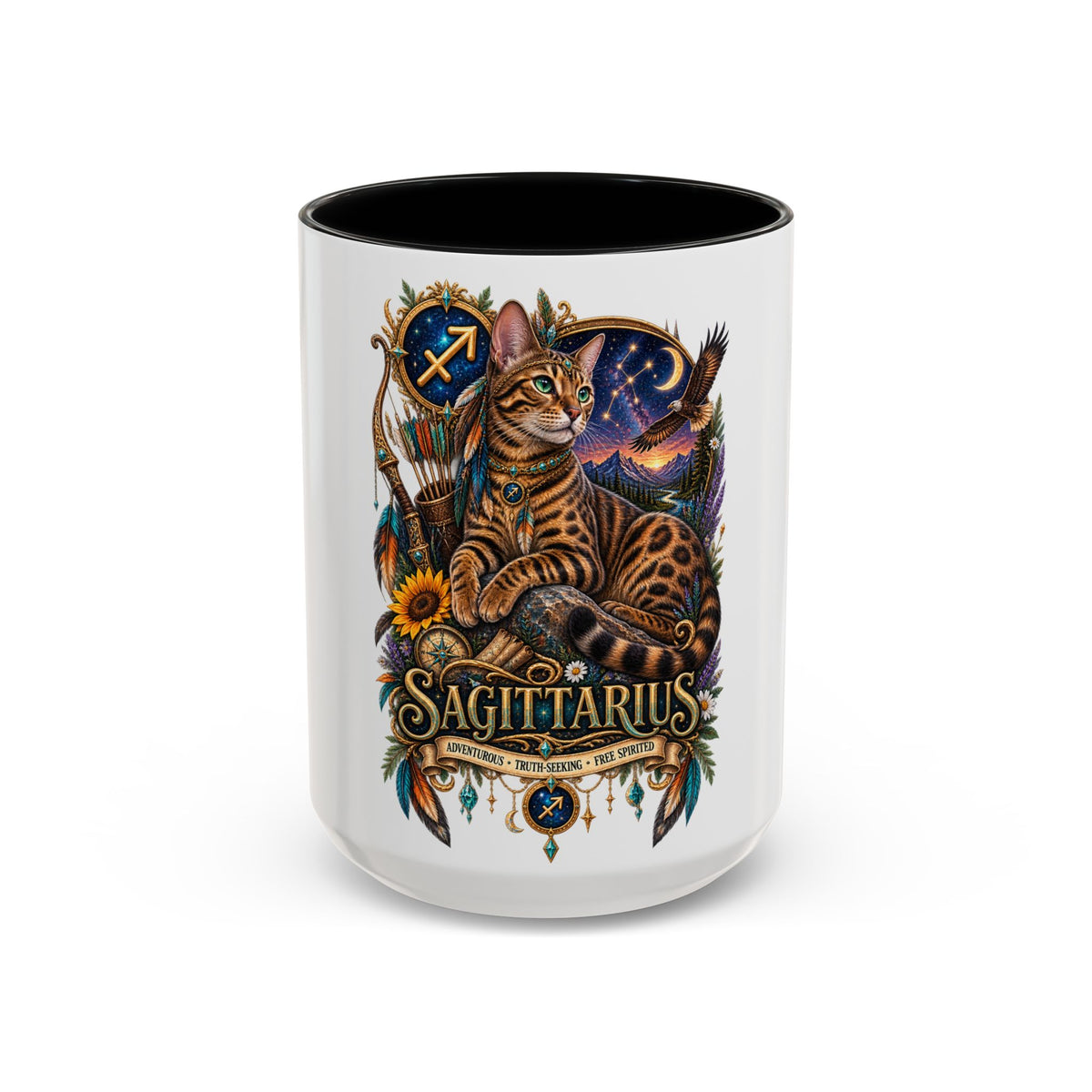 Sagittarius Bengal Cat Zodiac Coffee Mug — Cat Archer Astrology Accent Mug (11/15oz)