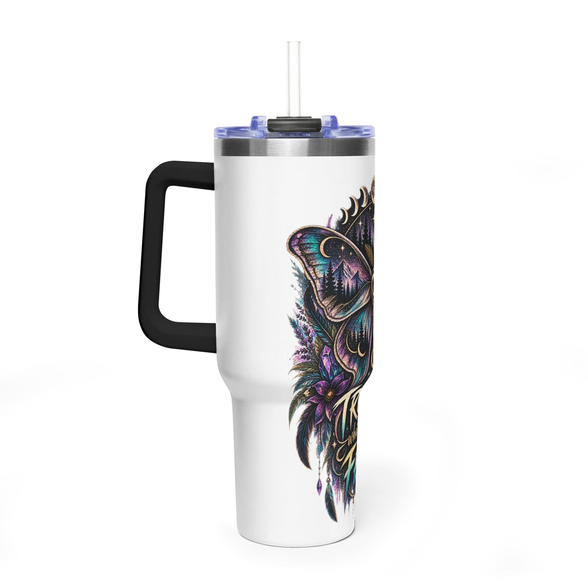 40oz Vacuum Tumbler — 'Trust What You Feel' Moth Nightscape Insulated Cup
