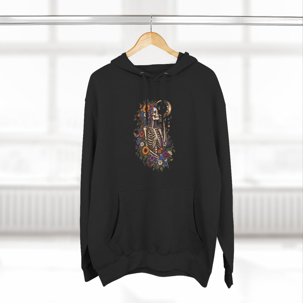 Skeleton Moon Floral Hoodie – Gothic Botanical Graphic Pullover