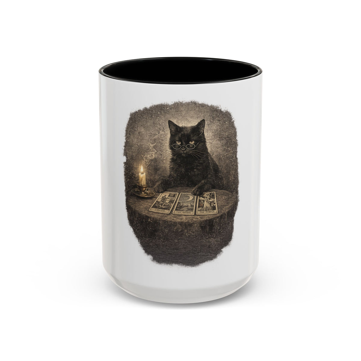 Tarot Cat Accent Coffee Mug — Witchy Black Cat with Tarot Cards