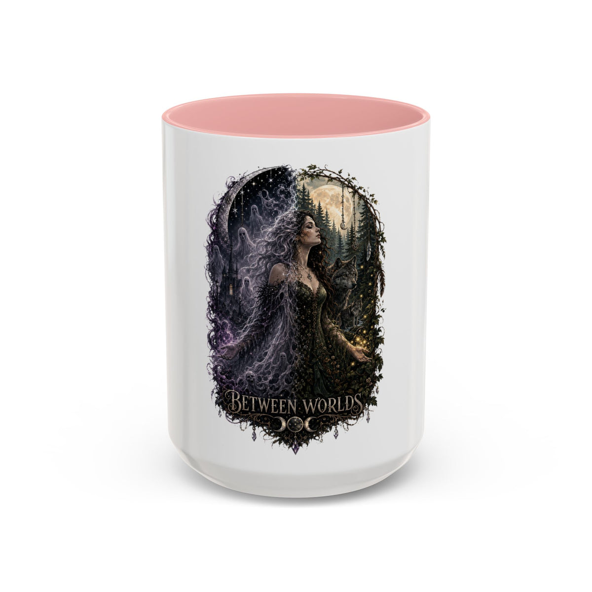 Between Worlds Accent Coffee Mug — Gothic Fantasy Witch Illustration (11/15oz)